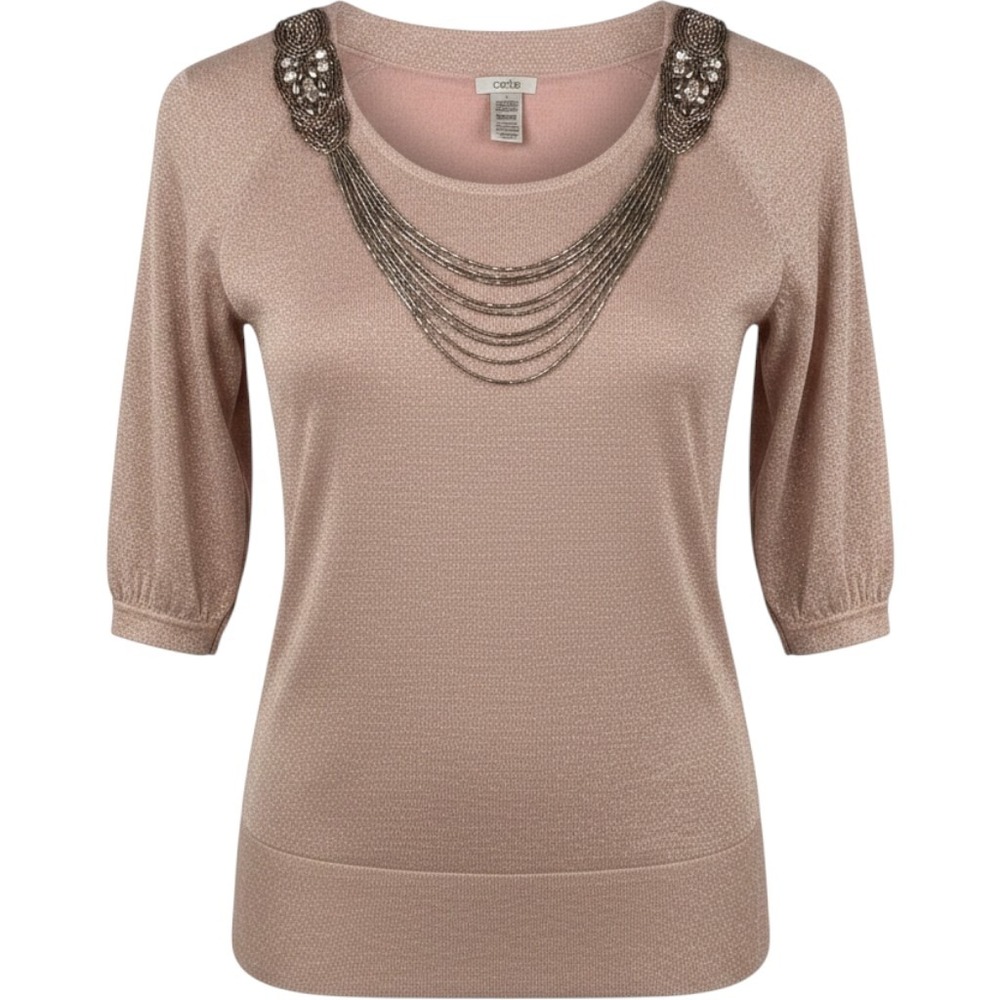 Cache Beaded Metallic Knit Top Large Rose Gold